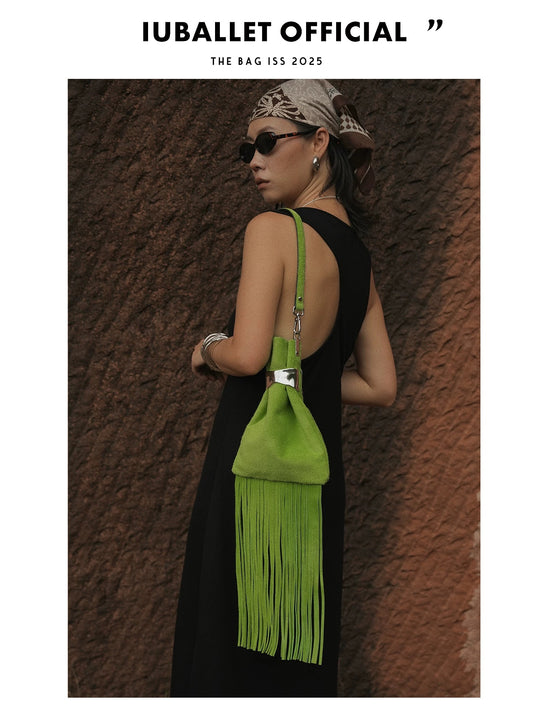 IUBALLET Cowhide Suede Fringe Shoulder Bag