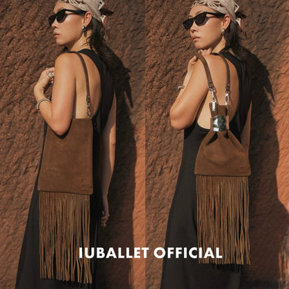 IUBALLET Cowhide Suede Fringe Shoulder Bag