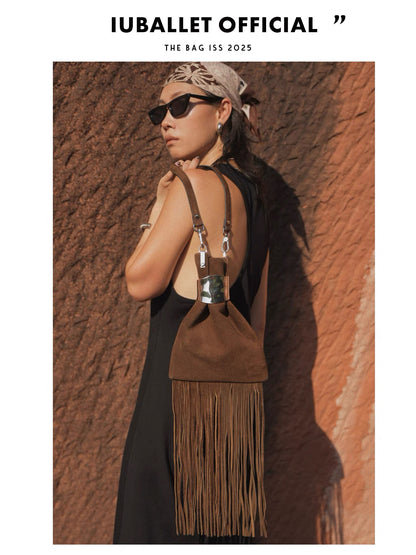 IUBALLET Cowhide Suede Fringe Shoulder Bag